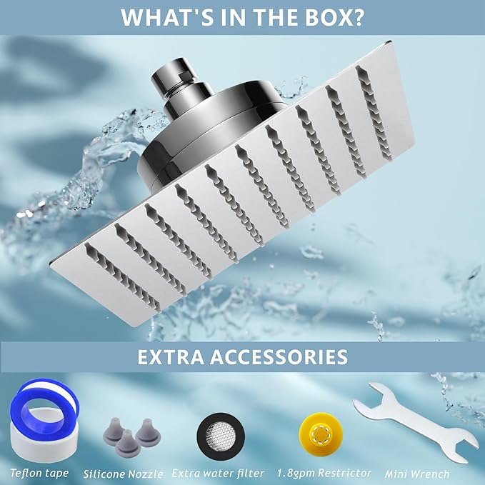 High Pressure Rain Shower Head with Filtered - 8" All Metal Square Showerhead Filter for Remove Chlorine and Harmful Substances, Chrome