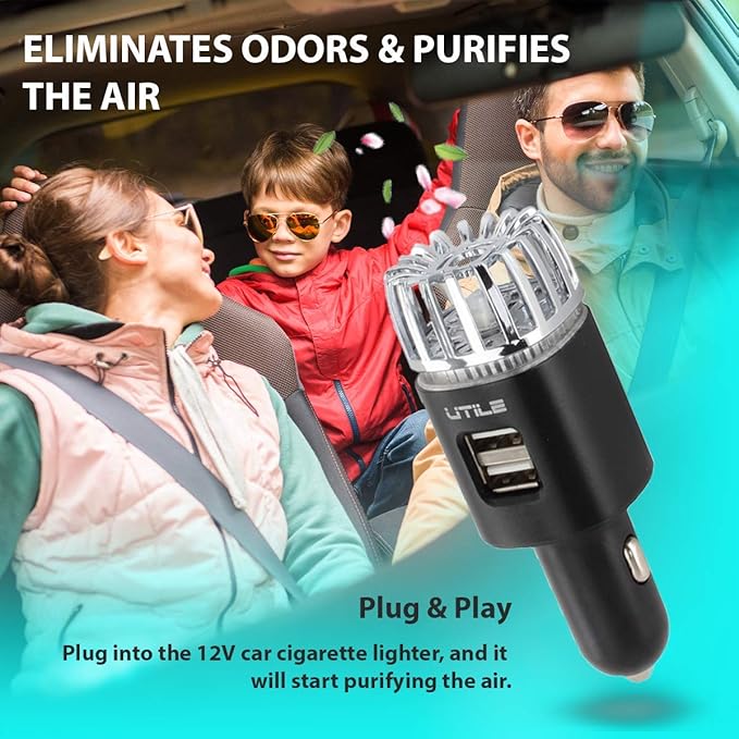 UTILE Car Ionizer Purifier with Dual USB Charger – Ionic Air Freshener for Odor Removal | 2.1A/0.8W USB Charging for Phone, Tablet and Other Devices (Silver, Pack of 1)