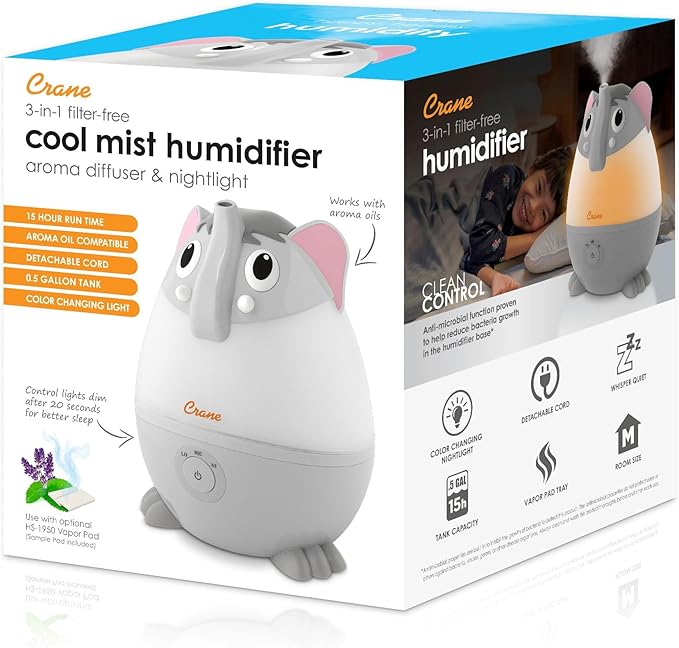 Crane Adorables Ultrasonic Mini Humidifiers for Bedroom and Baby Nursery, 5 Gallon Cool Mist Air Humidifier for Large Room or Kid's Room, Humidifier Filters Optional, Mini Elephant