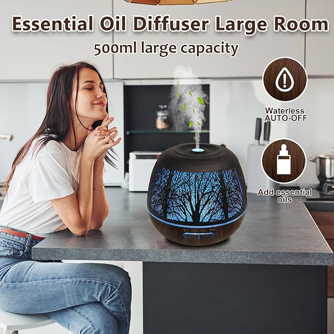 Essential Oil Diffuser for Home,500ML Aromatherapy Diffusers for Essential Oils Large Room with Cool Mist Humidifiers for Bedroom,7 Colors Changed & 3 Mist Mode Automatic Shut-Off,Tree