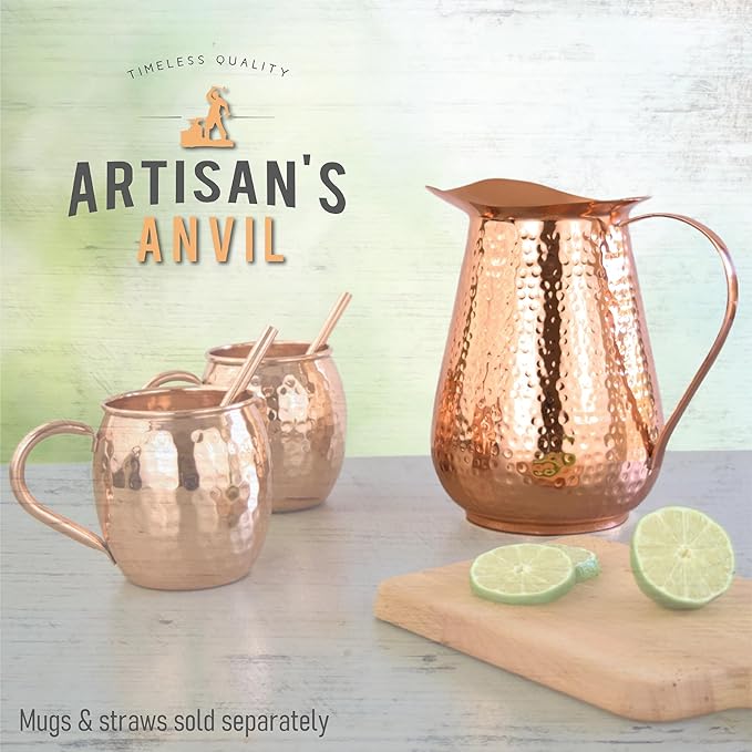 Artisan’s Anvil Copper Pitcher w/Copper Handle and Lid, Pure 100% Hammered Vessel, Heavy Duty Copper Jug, Handmade, 70 fl. Oz, Best for Water, Ayurveda, Moscow Mule, Cocktails