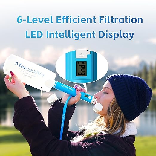 Üν Gravity Water Filter Straw with 2 Gallon Bag and LED Display, Portable Survival Water Purifier for Travel, Backpacking and Emergency, Compact Gravity Water Filtration System for Outdoor Adventures