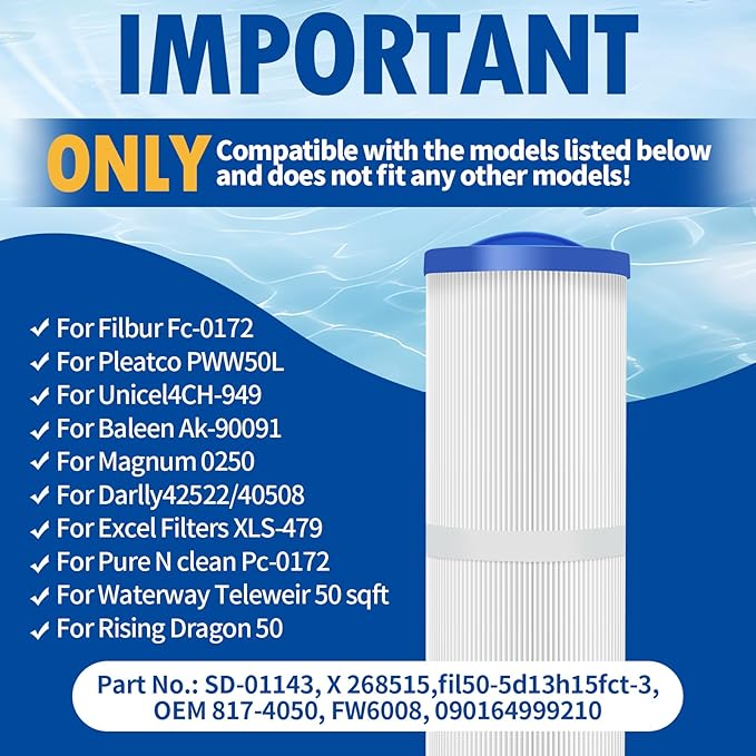 1-Pack 4CH-949 Spa Filter Replacements Compatible with Pleatco PWW50L, Cal Spa FIL50-5D13H15FCT-3, Filbur FC-0172, SD-01143, 817-4050, Waterway Teleweir 50, Rising Dragon 50, Hot Tubs Filter Cartridge
