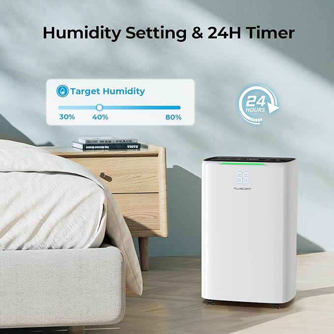 5000 Sq.Ft Dehumidifier for Basement with Drain Hose, PLUSCENT Max 52 Pint/Day Dehumidifiers for Home Bedroom Bathroom, 4 Modes, Smart Humidity Control, Auto Restart, Auto Defrost, 24H Timer