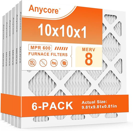 10x10x1 Air Filter MERV 8 MPR 600 FPR 5 AC HVAC Furnace Pleated Filters for Home Office 6-Pack (Actual Size: 9.81x9.81x0.81 inch)