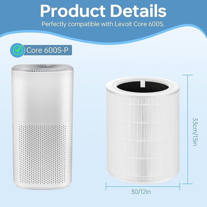 Core 600S Replacement Filter Compatible With Levoit Core 600s, 3-In-1 High-Efficiency Filter And Activated Carbon Filter, Part#Core 600S-Rf, 2Pack, White.