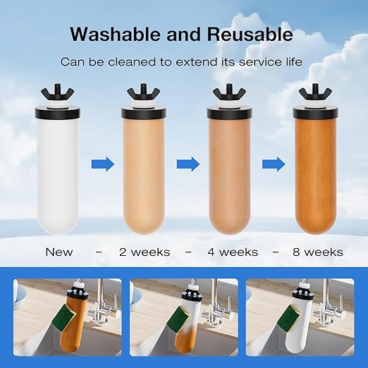 Purewell 2.25G Gravity Water Filter System with Water Level Window, 3-Stage Stainless Steel Countertop System with 2 Washable Ceramic Filters and Stand, Reduce up to 99% Chlorine, PW-KST
