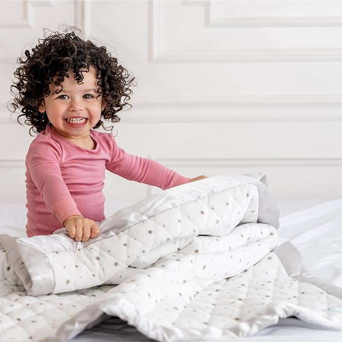 Dreamland Baby 4lb Weighted Blanket for Kids. Breathable Dual Fabrics with Minky Cooling Side & Cozy Microfleece on Reverse. Mom-Owned US Business, Premium Materials (White with Grey Stars)