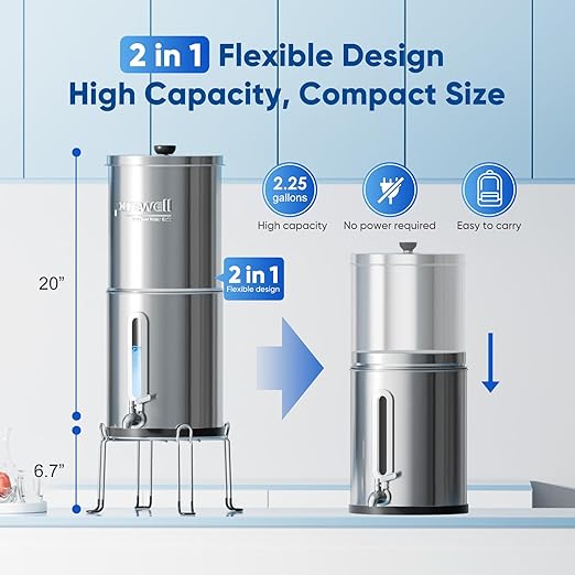 Purewell 2.25G Gravity Water Filter System with Water Level Window, 3-Stage Stainless Steel Countertop System with 2 Washable Ceramic Filters and Stand, Reduce up to 99% Chlorine, PW-KST