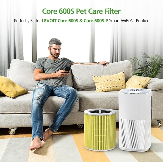 Core 600S Pet Care Replacement Filter for LEVOIT Core 600S Air Purifier, 3-in-1 HEPA Filter, High-Efficiency Activated Carbon for Pets Lover, Compared to Part #Core 600S-RF-PA, 2 Pack, Yellow