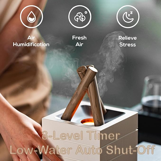 Flames Humidifier Essential Oil Diffuser, Bonfire Essential Oil Scent Diffuser Humidifier, Small USB Desktop Humidifiers with 7 Colors, Campfire Aromatherapy Diffusers for Home & Office (Wooden)