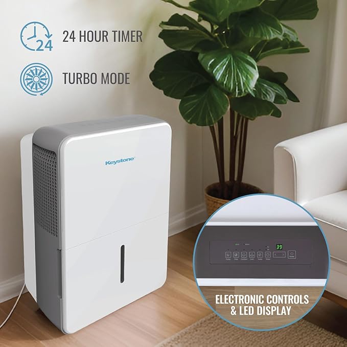 Keystone Energy Star 35-Pint Portable Dehumidifier for Extra Large Rooms Up to 3,000 Sq.Ft. with Auto-Shutoff & Timer, Quiet Home Dehumidifier and Moisture Absorber For Basement, Garage, Living Room