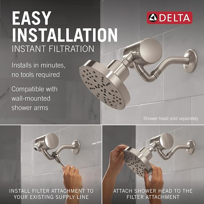 Delta Faucet Clarifi Premium Shower Filter Attachment with Filter, Hard Water Shower Filter, Shower Head Filter, Stainless 5SF100-SS