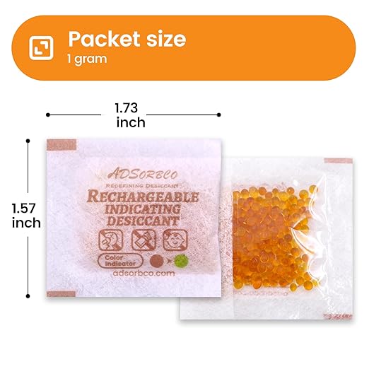 Adsorbco Rechargeable Desiccant, Indicating Silica Gel Packets, Moisture Absorbers for Storage, Gun Safe Dehumidifiers (200, 1g)
