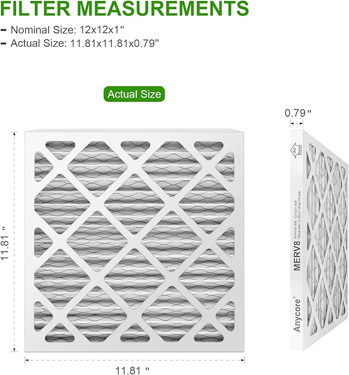 12x12x1 Air Filter (6-Pack) MERV 8 MPR 600 FPR 5 AC Furnace Pleated Filters for Home Office (Actual Size: 11.81x11.81x0.79 inch)