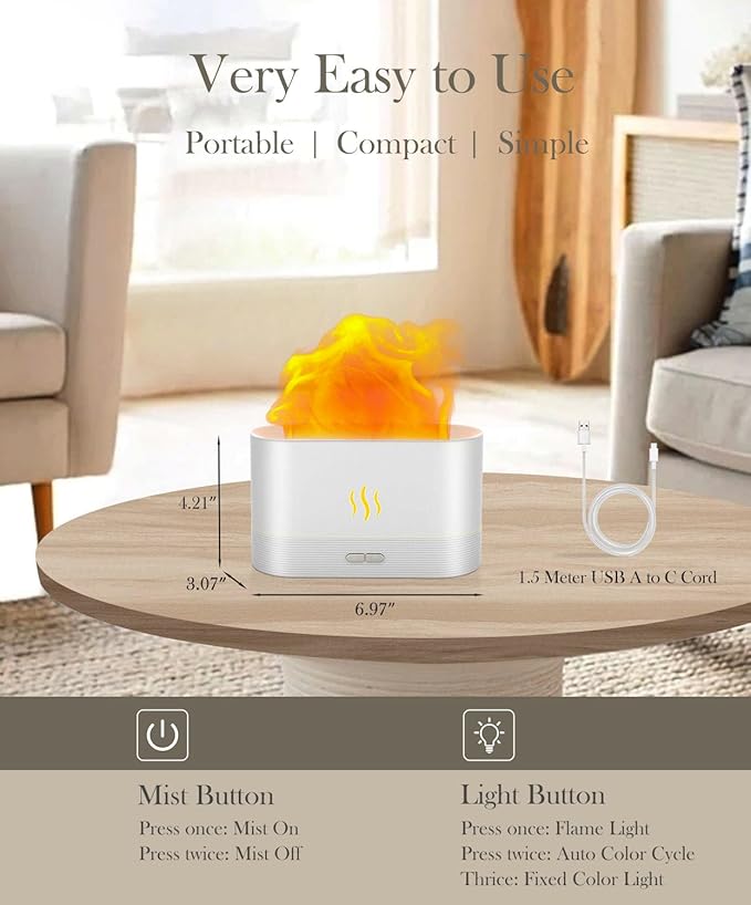 Essential Oil Diffuser,Humidifier with 7 Colors Flame Light,180ml Air Humidifiers for Bedroom, Home, Office, Gifts - Portable,Auto-Off Protection,4 Modes Mist(White)