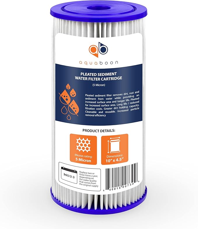 Aquaboon 5 Micron Pleated Sediment Water Filter 10 x 4.5 Cartridge - Whole House Water Filter Replacement - Whole House Water Filters Cartridges Compatible with Well Filters FXHSC, R50-BBSA, 20-Pack