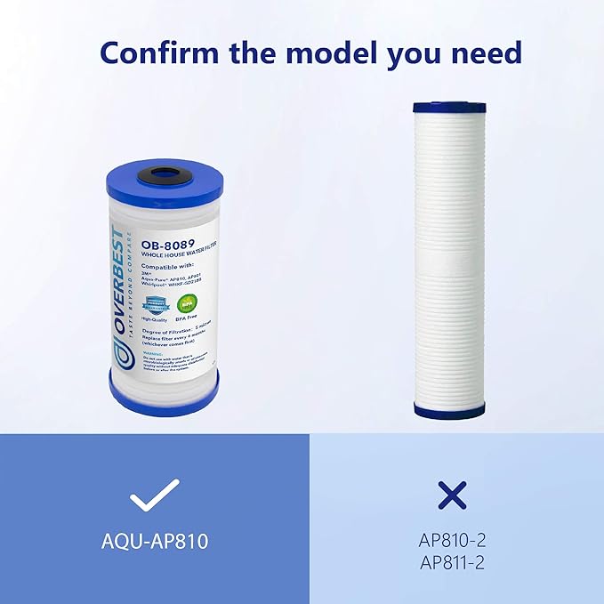 Overbest 10" x 4.5" Whole House Water Filte Replacernent for 3M®Aqua-Pure®AP810, AP811, AP801, AP801-C, AP801T, P801B, Whirlpool® WHKF-GD25BB, VWHKF-DWHBB, 5 Micron Well & Tap Water Filter, Pack of 3