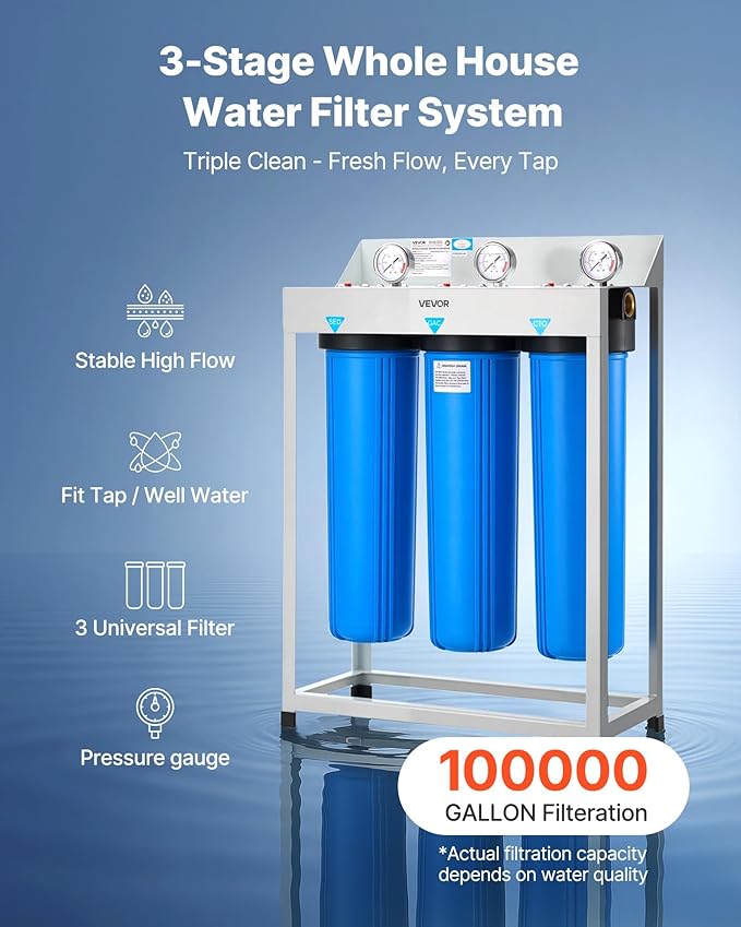 VEVOR Whole House Water Filter System, 3-Stage | Sediment, GAC, CTO | 20 x 4.5 Granular Activated Carbon Home Water Purifier Filter, Reduce Chlorine, Chemicals, VOCs, Bad Taste, Odor, Rust