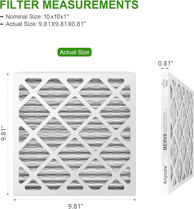 10x10x1 AC Furnace Air Filter 4-Pack MERV 8 MPR 600 FPR 5 HVAC Pleated Filters for Home Office (Actual Size: 9.81x9.81x0.81 inch)