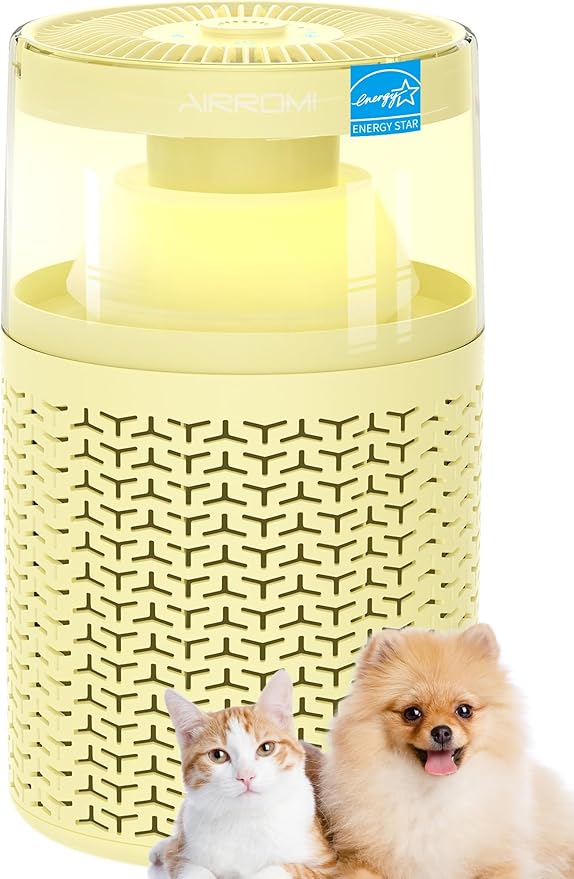 AIRROMI Pet Air Purifier for Home Bedroom Covers 658 Ft²,with Activated Carbon Filter,Aromatherapy,Nightlight, and Quiet 360°Intake Tackles,Filters Smoke,Pet Hair,Dander,Allergies,Odors,A2002 Yellow