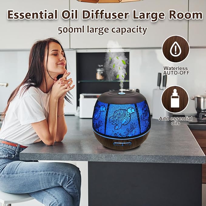 Essential Oil Diffuser for Home,500ML Aromatherapy Diffusers for Essential Oils Large Room with Cool Mist Humidifiers for Bedroom,7 Colors Changed & 3 Mist Mode Automatic Shut-Off - Turtle