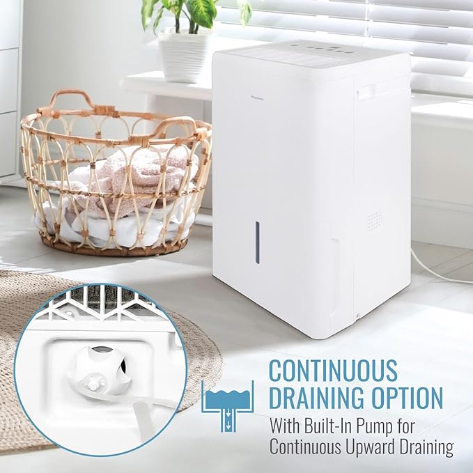 Keystone 50-Pint Portable Dehumidifier, 115V, Dehumidifier for Rooms up to 4500 Sq.Ft, Moisture Absorber For Basement, Garage, Living Room with Pump, White