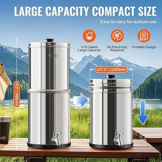 VEVOR Gravity-fed Water Filter System, 2.25G 304 Stainless-Steel Countertop System, Water Filtration System, Reduces Lead and up to 99% of Chlorine, with 2 Carbon Filters & Spigot, for Home Camping RV