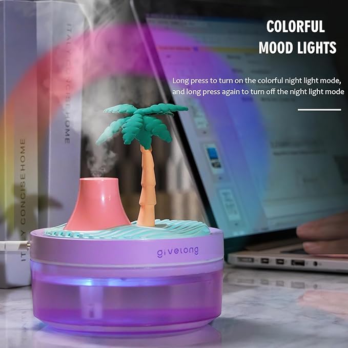 Mini Portable Desktop Humidifiers for Bedroom,Small Humidifier with Cocount Tree,Quiet,Cool Mist, Auto Off,7 Colors Night Light,320ml Air Humidifier Home Office Travel (PURPLE)