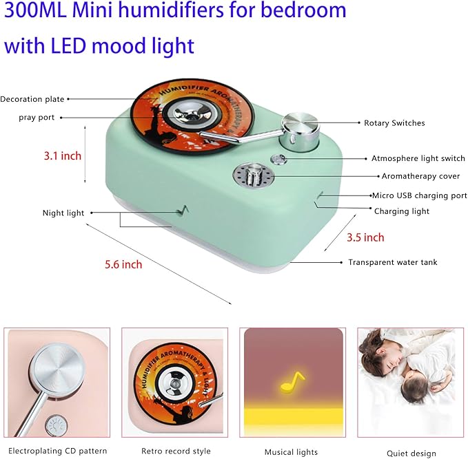 Mini Car Humidifier Cool Mist Humidifiers Sprayer for Bedroom Vehicle Travel Office Baby Portable 300 ML USB Personal Air Freshener with 7 Colorful LED Night Light and Auto Shut-Off