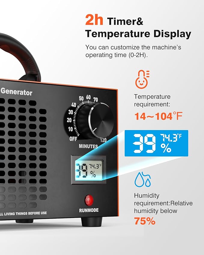 Ozone Generator 60000mg/H with Temp/Humidity Display - 120 Min Timer O3 Ionizer Air Purifier for Large Spaces (5000 Sq.Ft) - Upgraded Ozone Machine for Cars, Homes, Hotels, Kitchens & Pet Areas