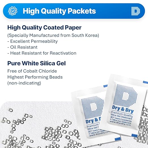 Dry & Dry Silica Gel Packets Desiccant Dehumidifiers, Silica Gel Packs - Rechargeable (Food Safe) Moisture Absorbers, Silica Packets - White - 30 Packets (5 Gram)