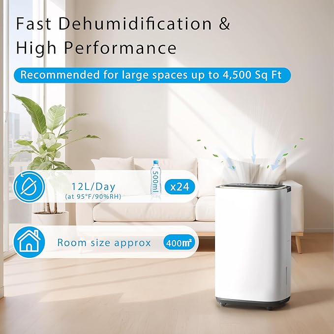 52 Pint Dehumidifier- 5000 Sq. Ft. Large Basement Dehumidifiers with Drain Hose for Large Rooms - Powerful Moisture Removal with Compressor- Dehu/Dry/Air Mode, LED Display,Timer, Child Lock