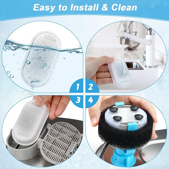 Cat Water Fountain Filter Replacement, 8 Pcs Pet Water Fountain Filters with 8 Pcs Sponges Foam for 67oz/2L & 108oz/3.2L Stainless Steel Automatic Cat Water Fountain Dispenser Filters