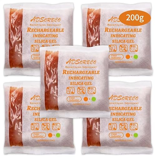 Adsorbco Rechargeable 200 Gram 5 Packs Desiccant, Indicating Silica Gel Packets, Moisture Absorbers for Storage, Gun Safe Dehumidifiers
