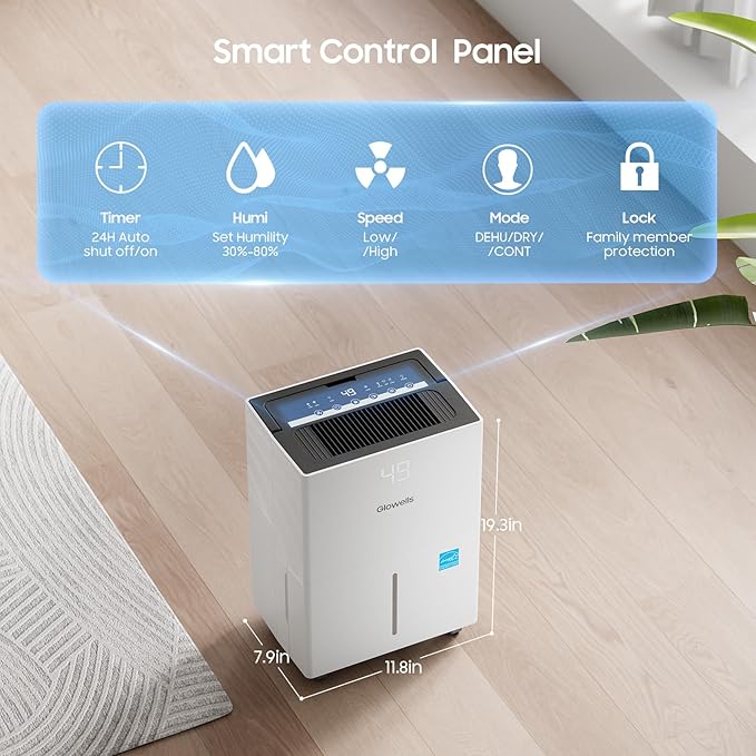 6500 Sq.Ft Energy Star Dehumidifier for Basement, 120 Pints Home Dehumidifier with Drain Hose for Large Room Crawl Space, Dehumidifiers with Smart Humidity Control, 1.32 Gal Water Tank, Auto Defrost