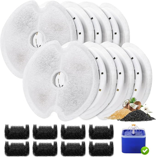 8 Packs Cat Water Fountain Filters for Ultra Silent Cat Fountain 67oz/2L with LED Night Light, Triple Filtration System Activated Carbon Filter with Pre-Filter Sponges for Pet Water Fountain