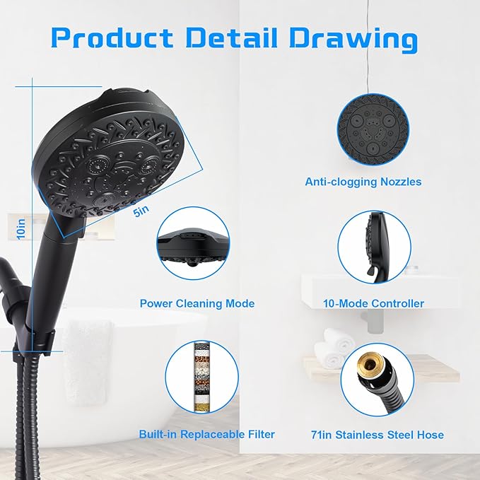 All-in-One Detachable Filtered Shower Head with Handheld,10 Spray Modes,Built-in 2 Power Wash,High Pressure Shower Heads with Filter for Hard Water (Filter, Black)
