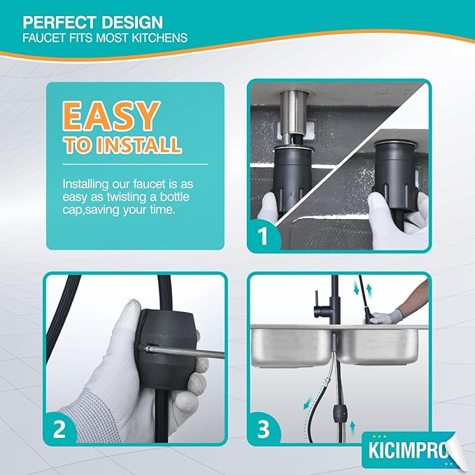 Kicimpro Matte Black Kitchen Faucet with Pull Down Sprayer, 304 Stainless Steel, 23-Inch Extended Hose Design, Three Water Functional Ways, Easy Installation