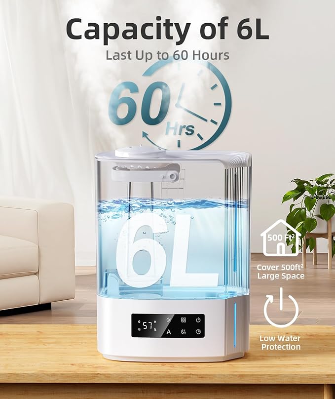 BREEZOME 6L Humidifiers for Bedroom Large Room & Essential Oil Diffuser, Ultrasonic Top Fill Cool Mist Humidifiers for Baby, Plants, Nursery Last up to 60 Hours, Smart Humidistat Control, Quiet, White