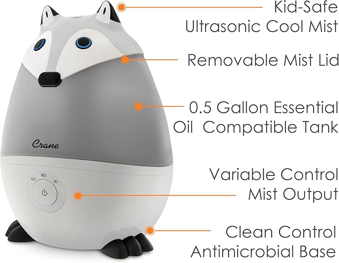 Crane Ultrasonic Cool Mist Animal Humidifier for Kids' Bedroom & Nursery, Adjustable 0.5 Gallon, Auto Shut-Off Silver Fox 0.5 Gallon Grey