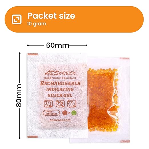 Adsorbco Rechargeable Desiccant, Indicating Silica Gel Packets, Moisture Absorbers for Storage, Gun Safe Dehumidifiers (30, 10g)