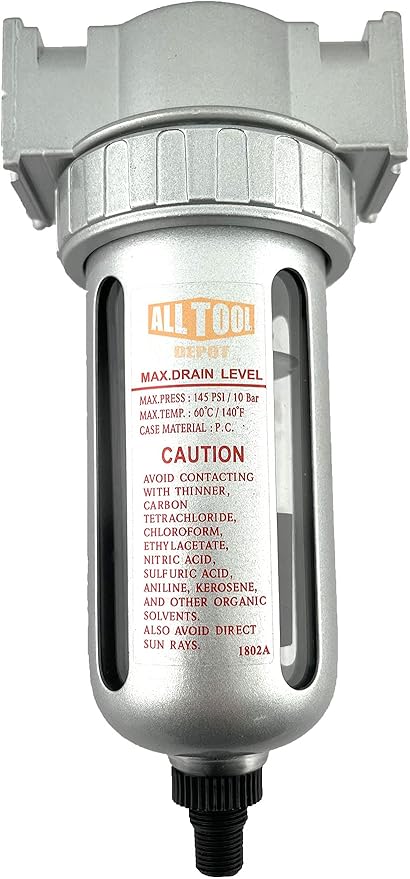 1/4" NPT MID FLOW Particulate Filter/Water Trap For Air Compressor Compressed Air Lines, 5u With Poly Bowl And Metal Bowl Guard (AUTO DRAIN)