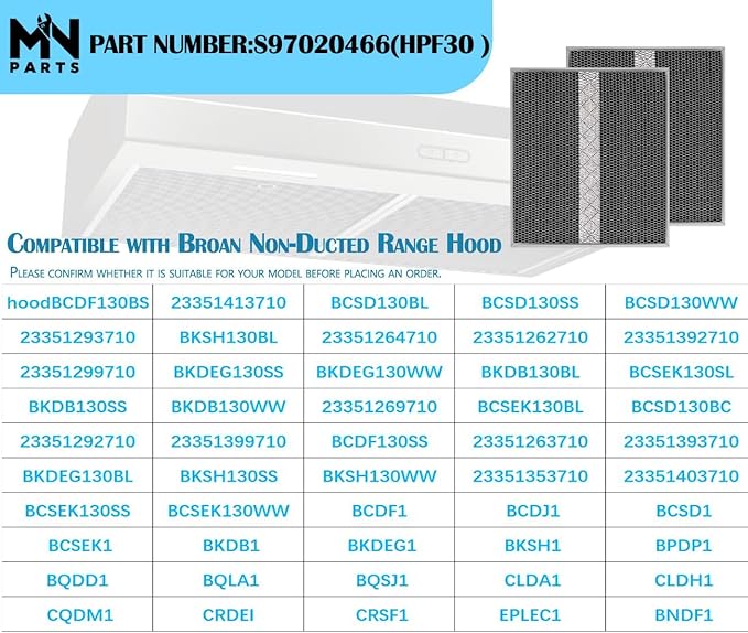 HPF30 Charcoal Filter Compatible with Broan Range Hood Filter S97020466 Range Hood Non-Ducted filter 14.6" X 12.9" Kitchen Grease Filter HPF30 XC Type 2pcs…