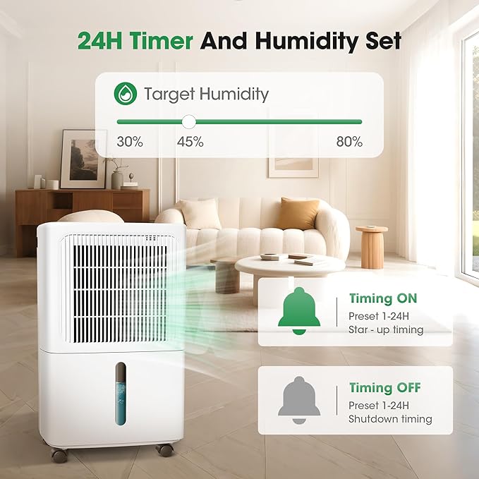 Dehumidifiers for Home with Drain Hose,55 OZ Water Tank, 2500 Sq.Ft 35 Pints Dehumidifiers for Basement, Bathroom, Bedroom, Three Modes, Smart Humidity Control, Dry Clothes, 24H Timer, White