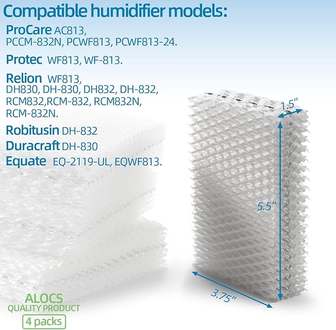 Alocs WF813 Humidifier Filter Replacement for Relion - RCM832 RCM-832N Procare PCWF813 Protec WF813 Equate EQ-2119-UL EQWF813 Cool Mist Humidifiers Wick Filters (Pack of 4)