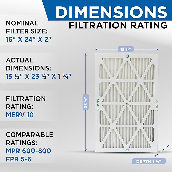 Glasfloss 16x24x2 MERV 10 (FPR 5-6) 2" Inch Pleated Air Filters Box of 6. Actual Size: 15-1/2 x 23-1/2 x 1-3/4