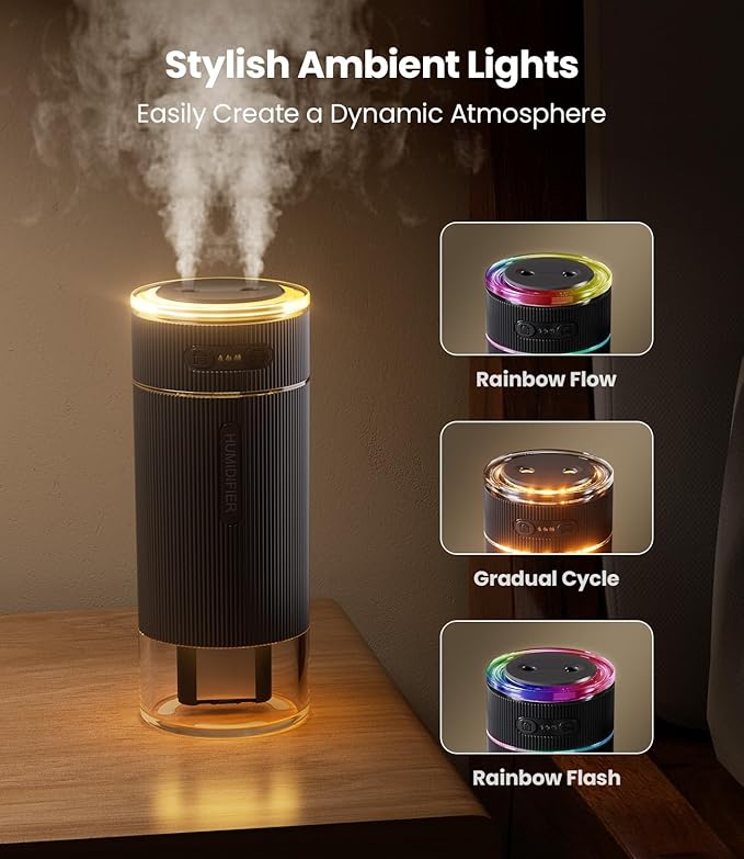 WSKEN Portable Small Humidifier for Bedroom - [Dual Nozzle Large Cool Mist] [Ambiance Lighting] [Car Smart On/Off] Ultrasonic Mini Personal Desk Air Humidifiers for Travel Office Baby Room,Black