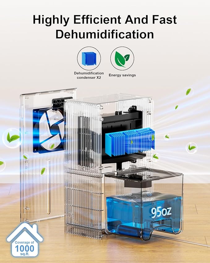Dehumidifier for Home, 95 OZ Water Tank, (1000 sq.ft) Dehumidifiers for Bathroom Bedroom Basement RV with Drain Hose, Auto Shut Off White