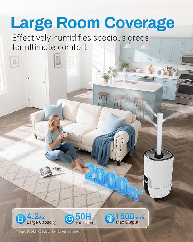 Humidifier Large Room, 4.2Gal/16L Cool Mist Humidifiers for Bedroom Home 2000 sq.ft,Top Fill, 3 Stainless Steel Atomizers,360°Nozzle Extension Tube, Commercial/Office/Plants/Whole House, White